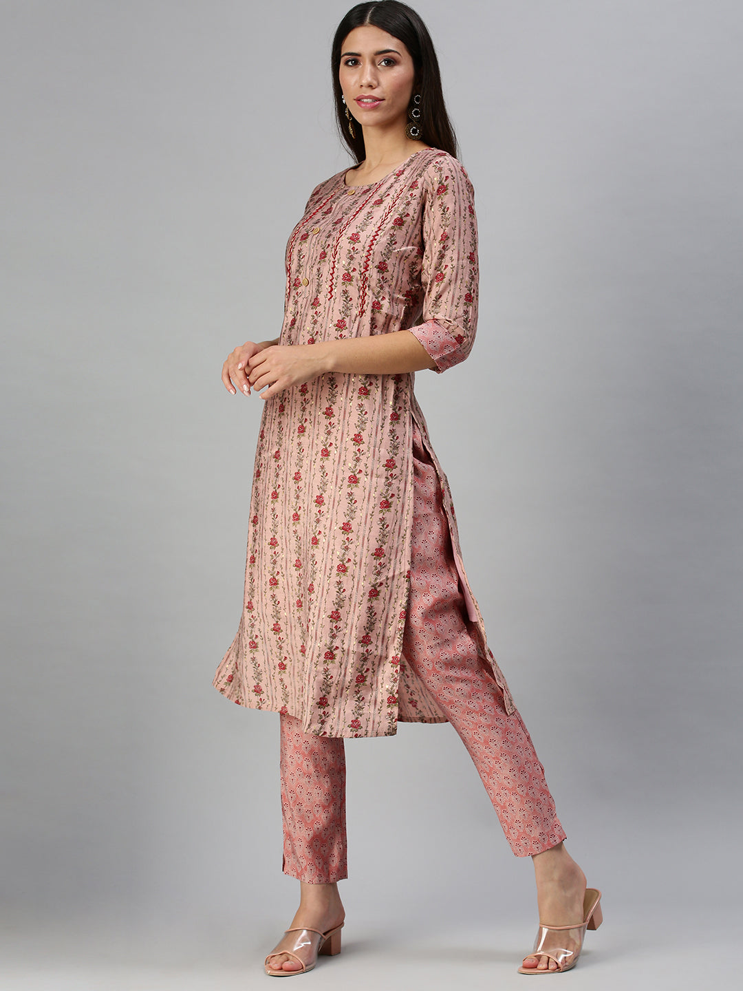 Women Straight Peach Printed Kurta and Trousers