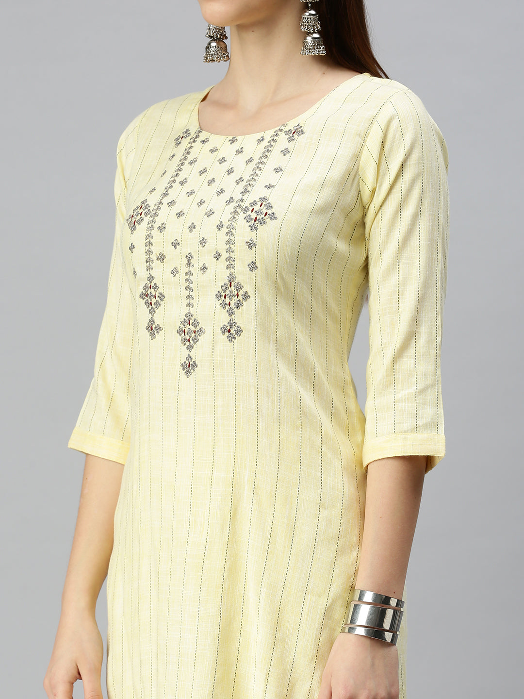 Women Straight Yellow Striped Kurta and Trousers