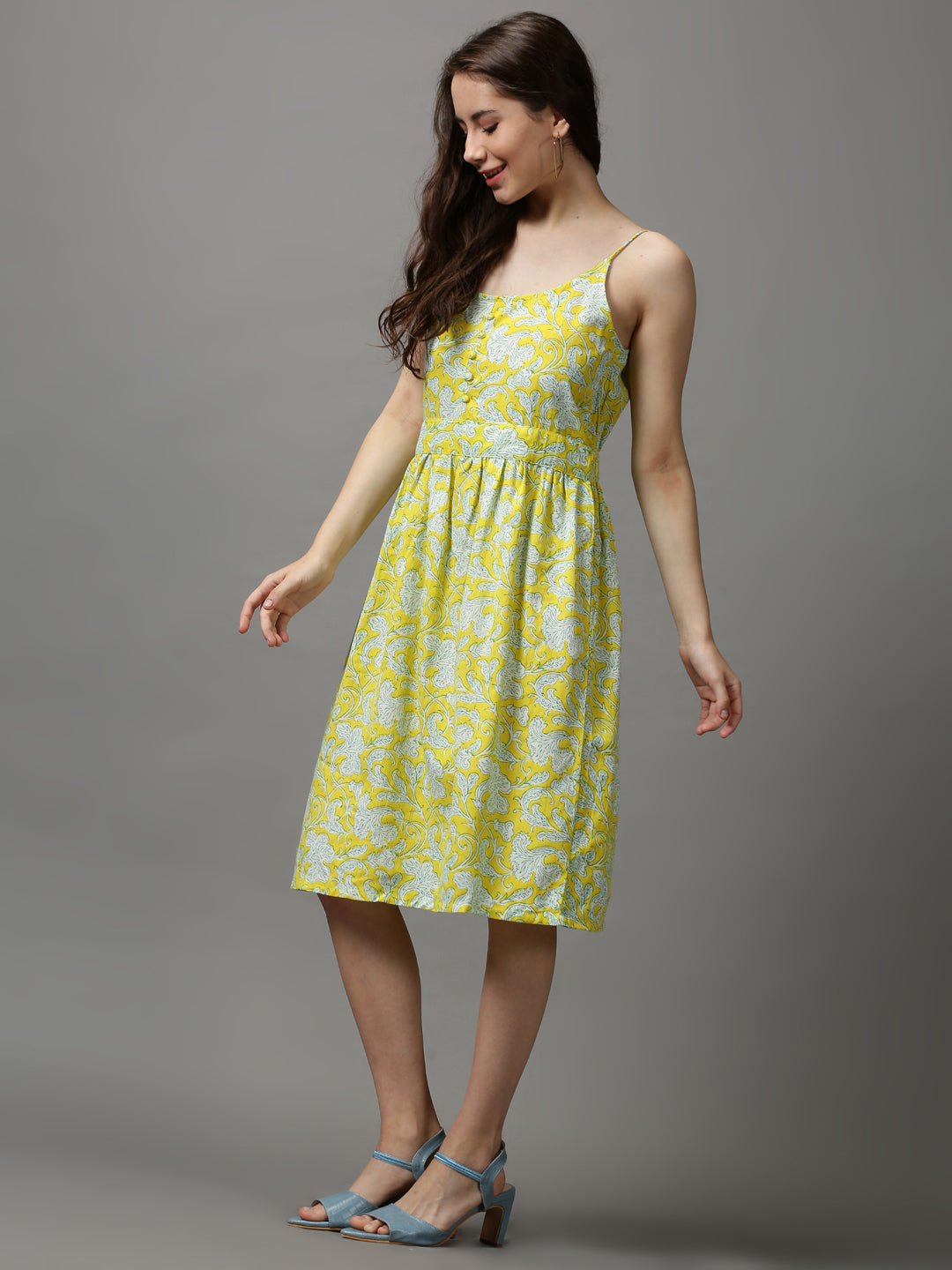 Women Shoulder Straps Printed Fit and Flare Yellow Dress