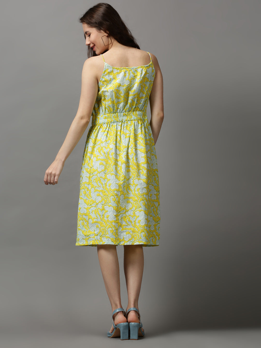 Women Shoulder Straps Printed Fit and Flare Yellow Dress