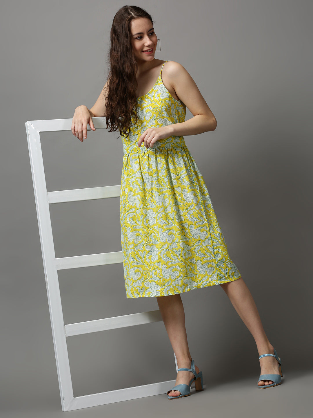 Women Shoulder Straps Printed Fit and Flare Yellow Dress