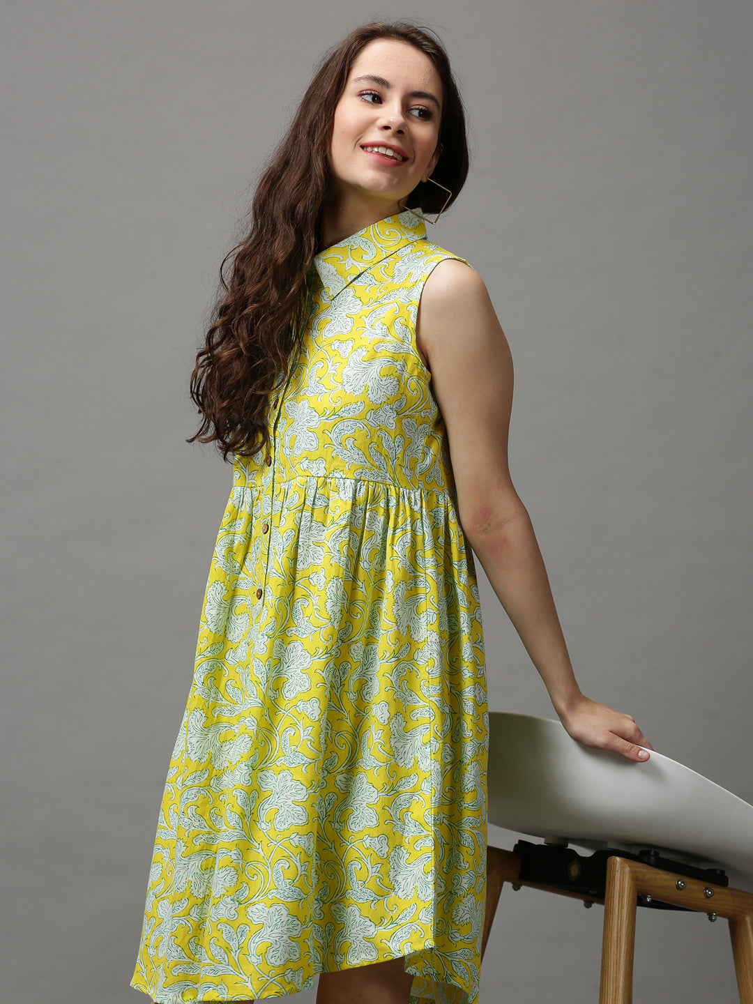 Women Printed Empire Yellow Dress