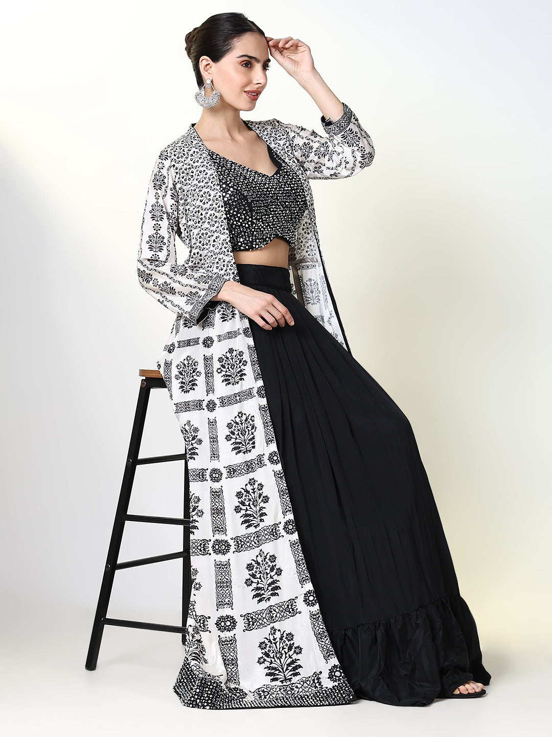 Women Black Embroidered Lehenga Choli with Overcoat