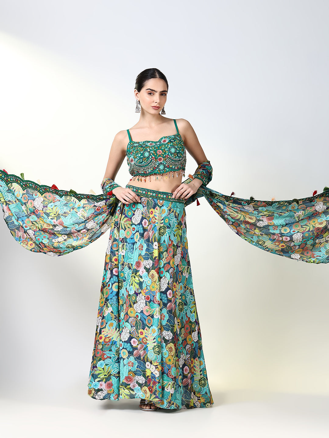 Women Green Embroidered Lehenga Choli with Dupatta