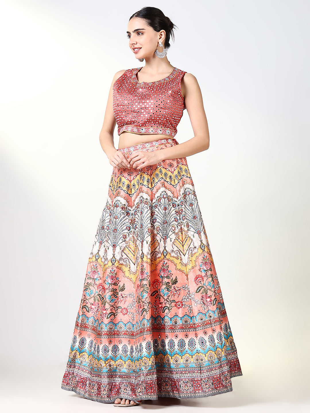 Women Orange Embroidered Lehenga Choli with Dupatta