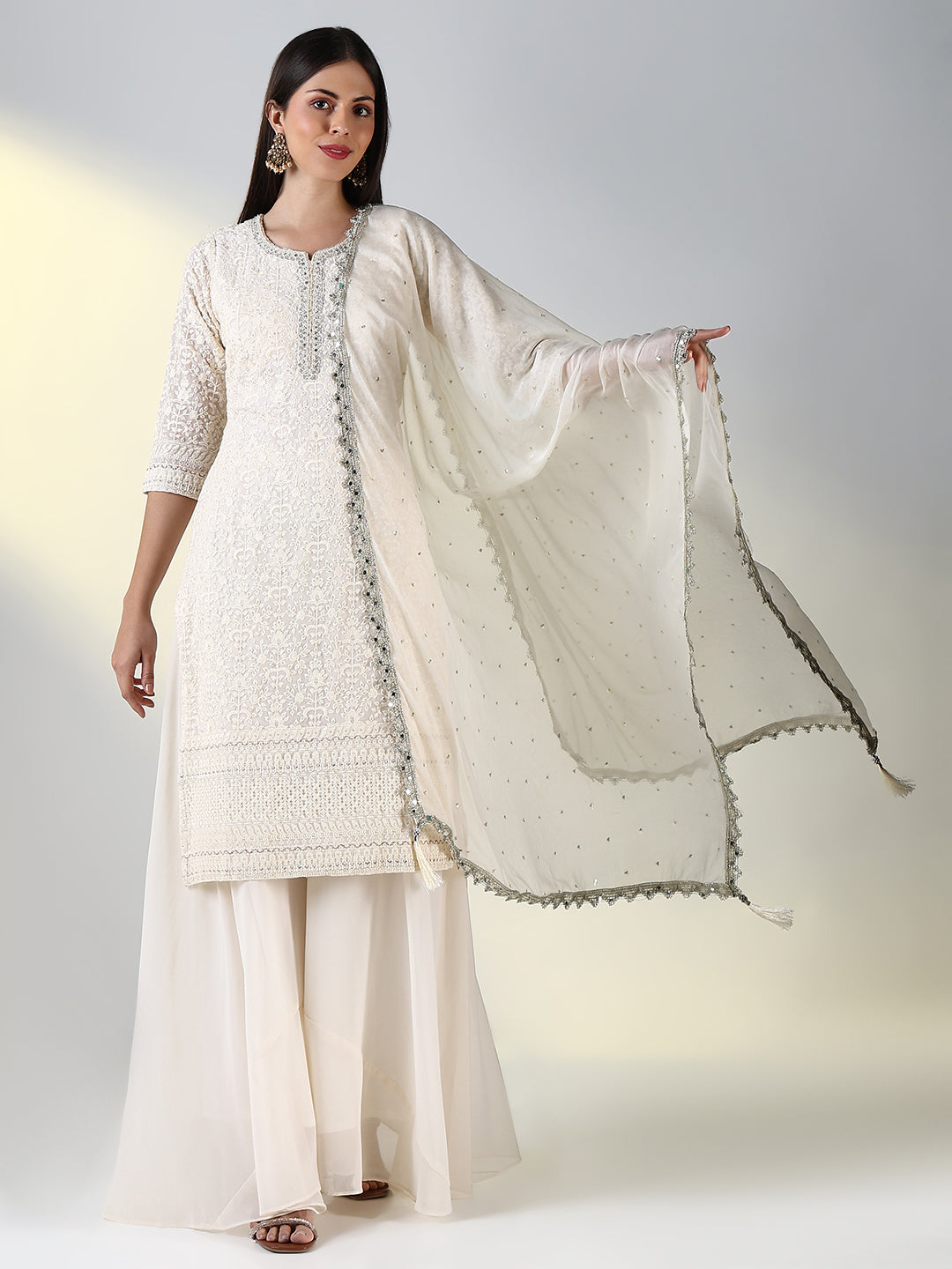 Women Cream Solid Straight Kurta Set with Dupatta