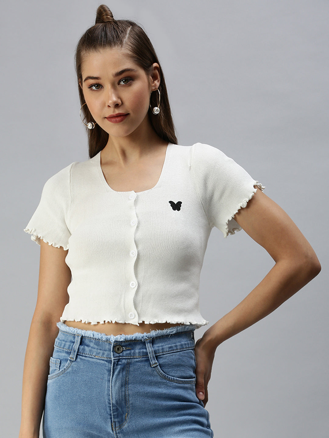 Women Solid Off White Fitted Top