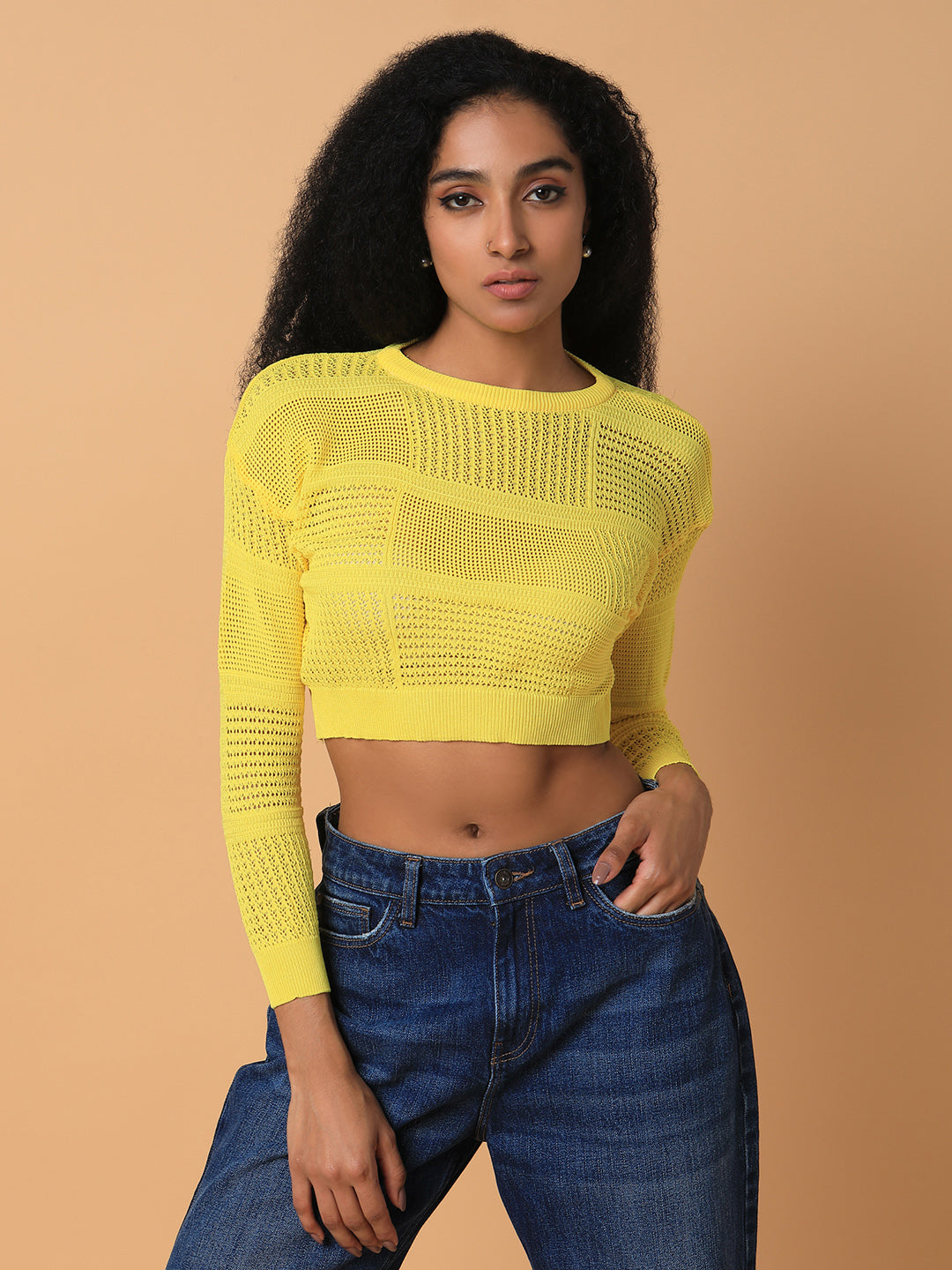 Women Solid Yellow Crochet Crop Top