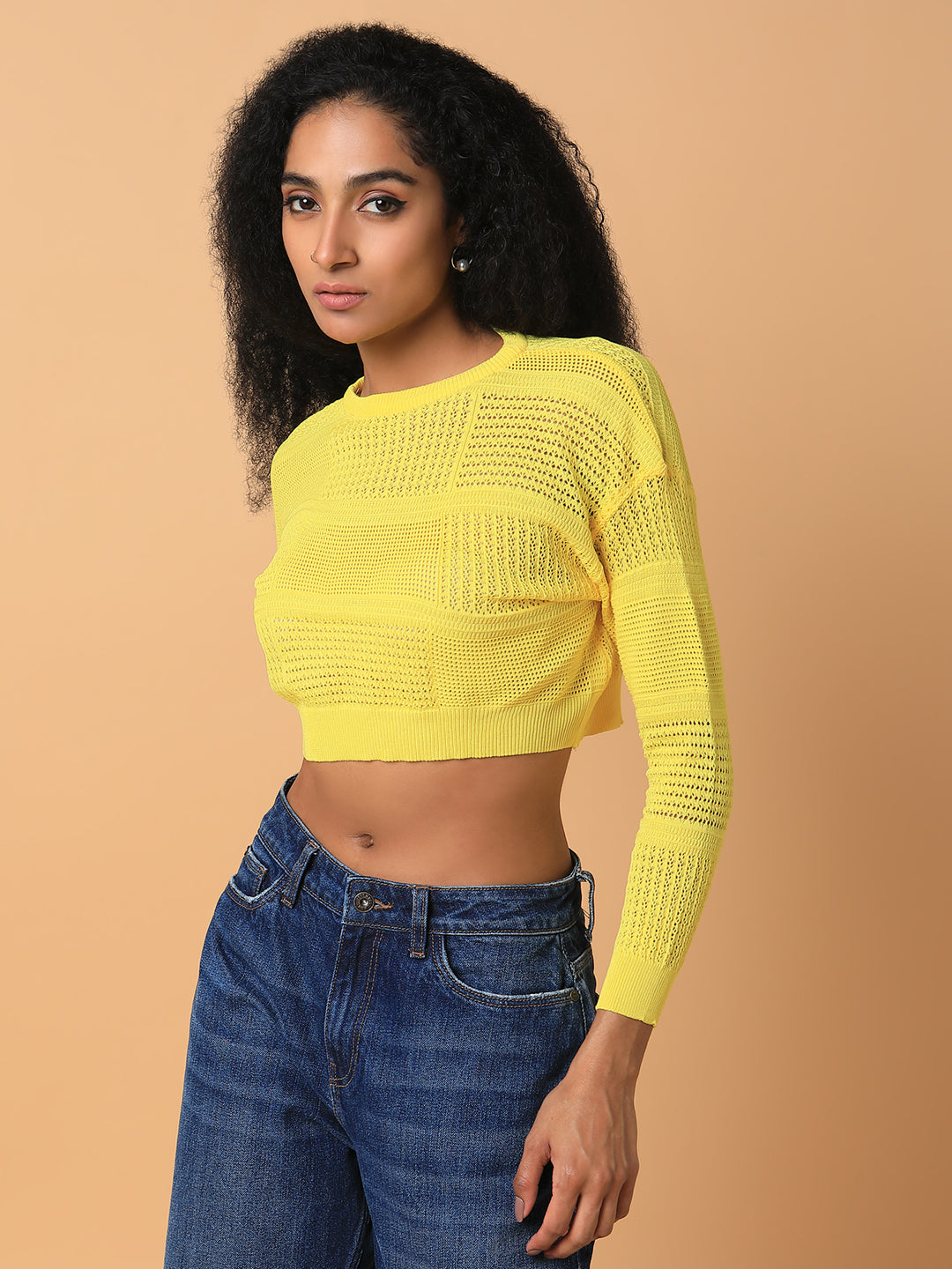Women Solid Yellow Crochet Crop Top