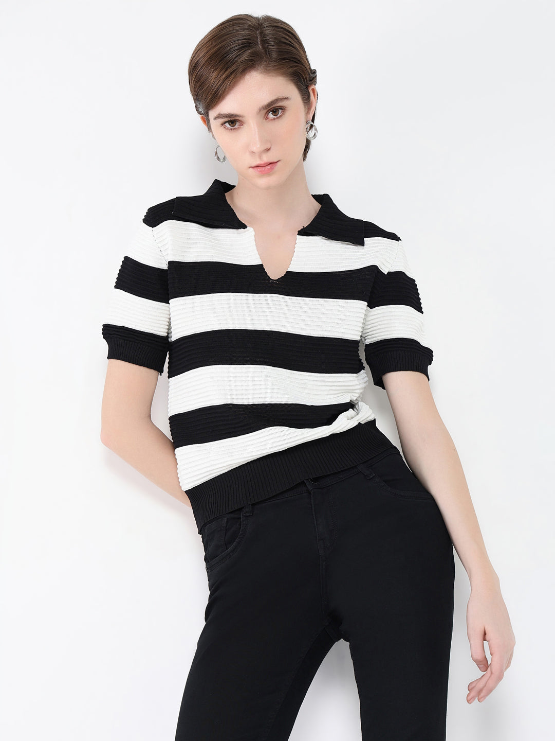 Women Striped Black Top