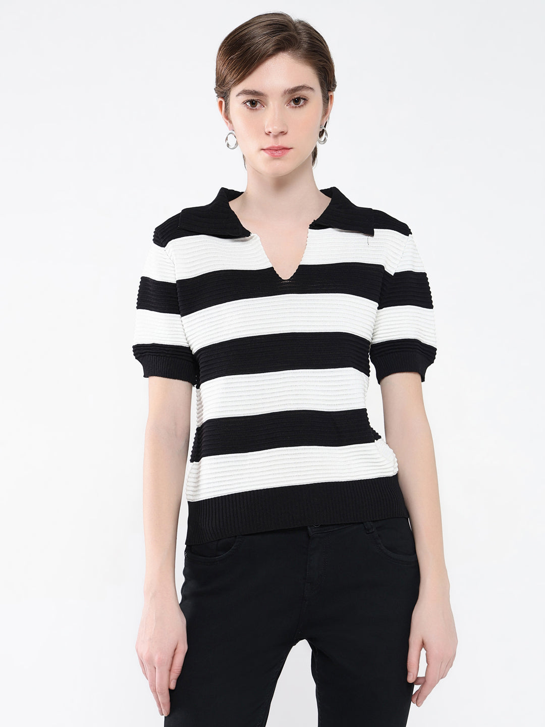 Women Striped Black Top