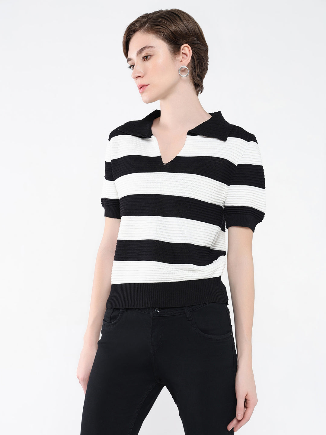 Women Striped Black Top