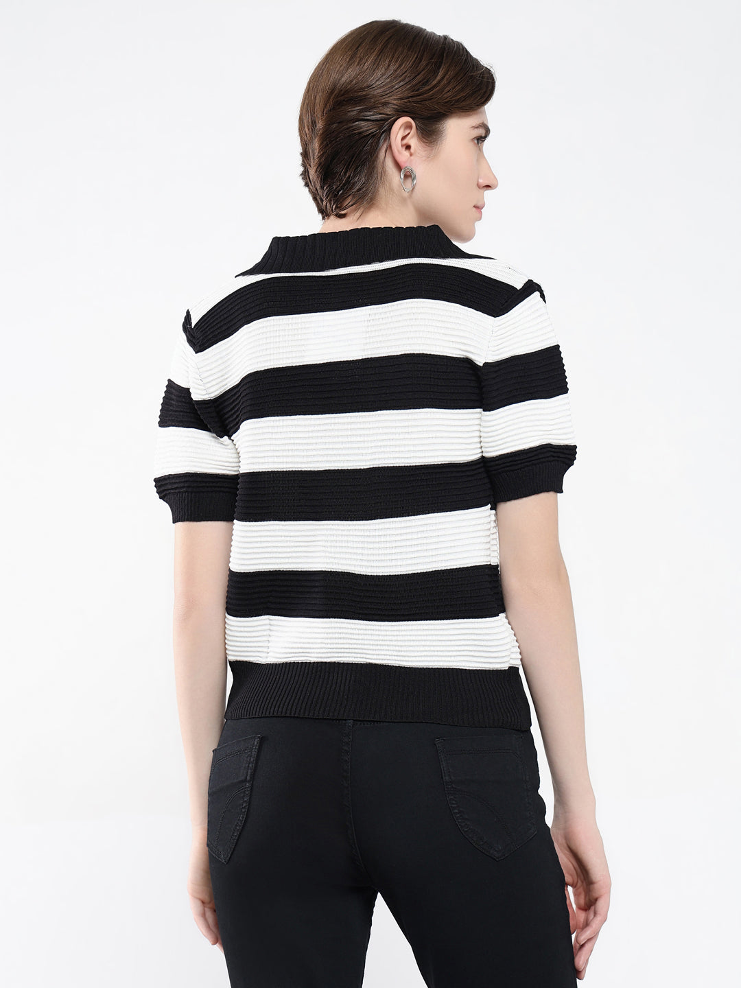 Women Striped Black Top