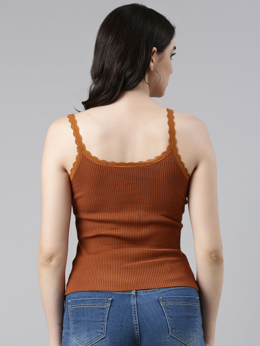 Women Shoulder Straps Solid Brown Top