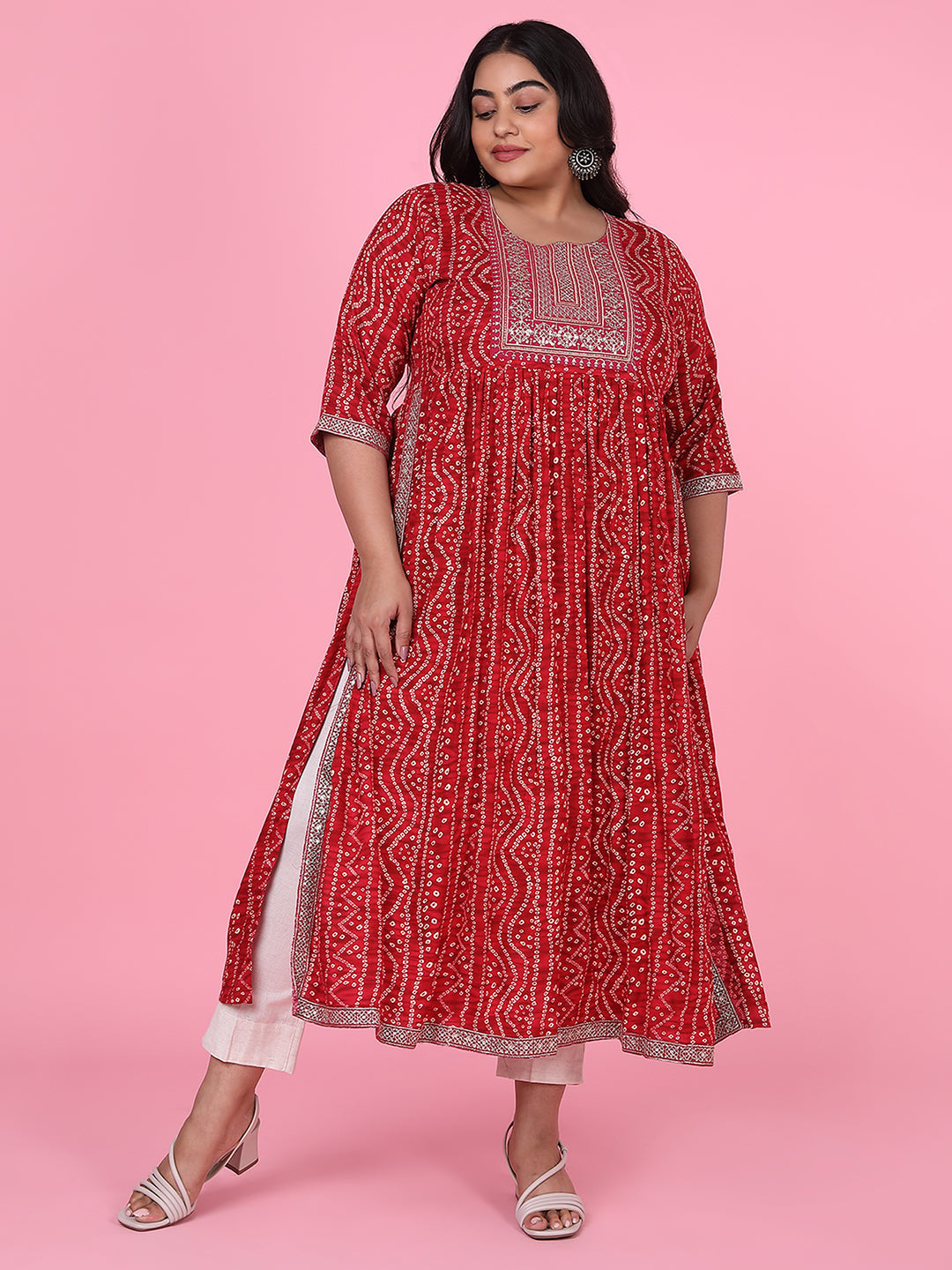 Women Red Bandhani A Line Kurta