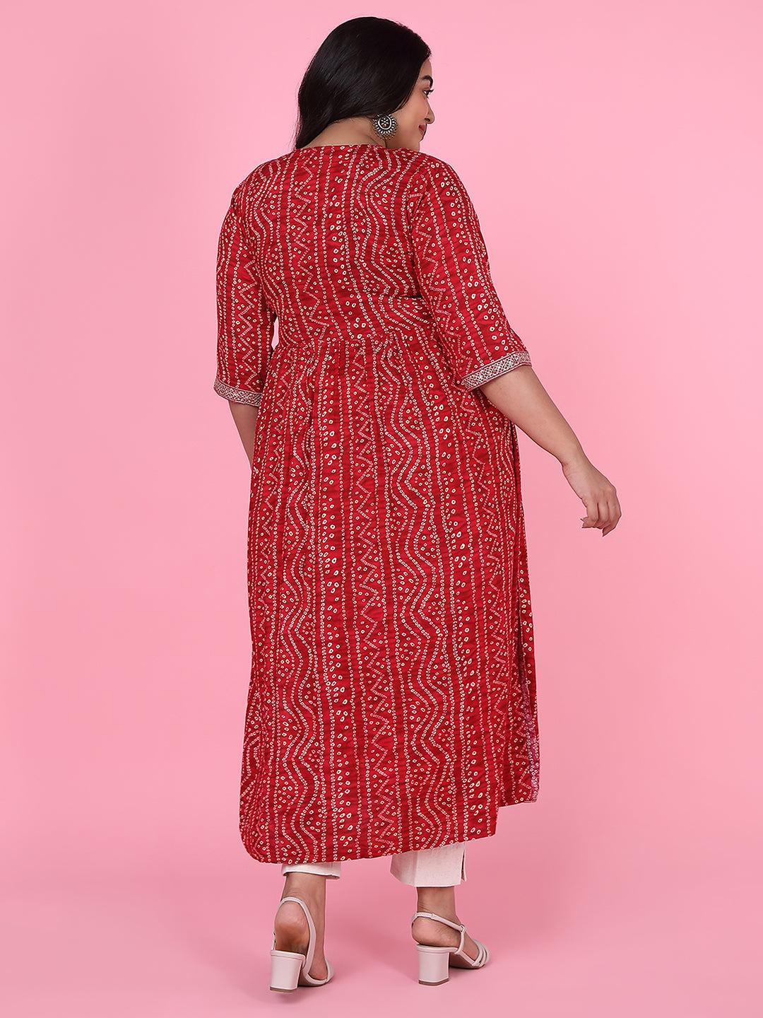 Women Red Bandhani A Line Kurta