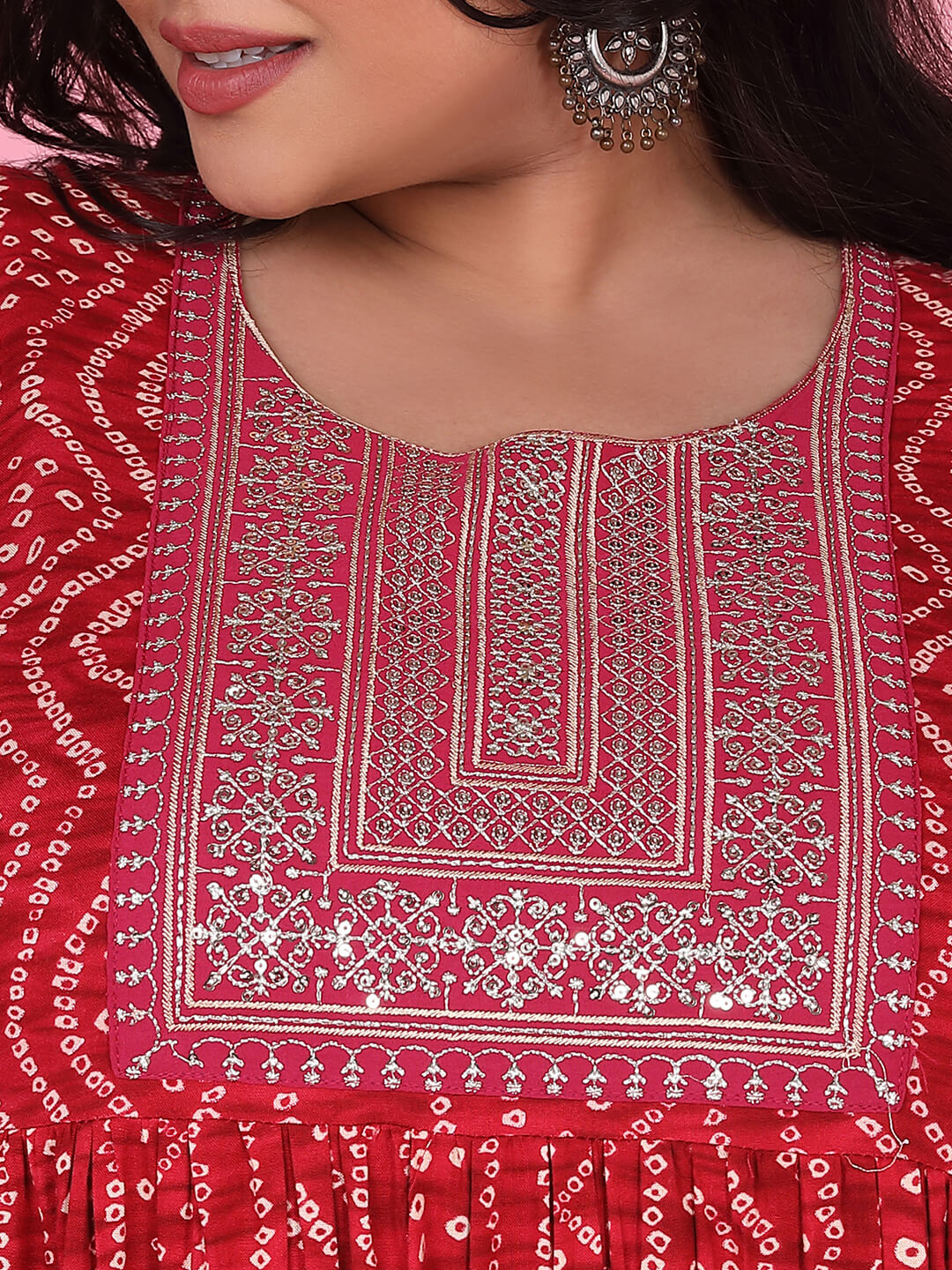 Women Red Bandhani A Line Kurta