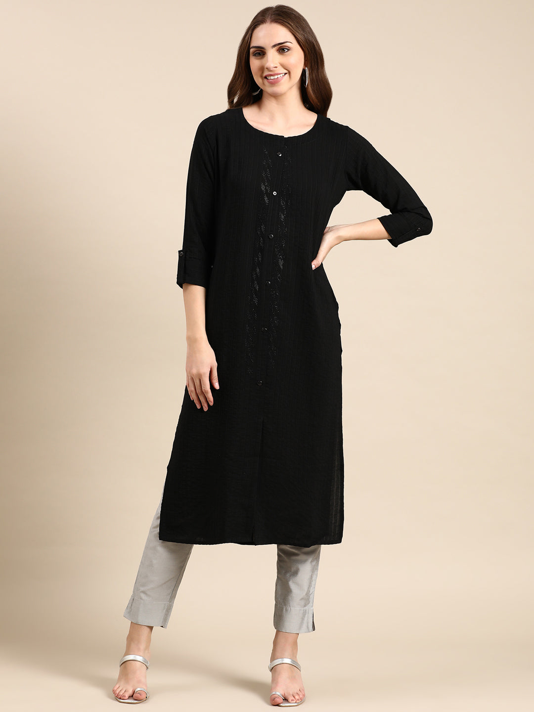 Women Scoop Neck Solid Black Straight Kurta