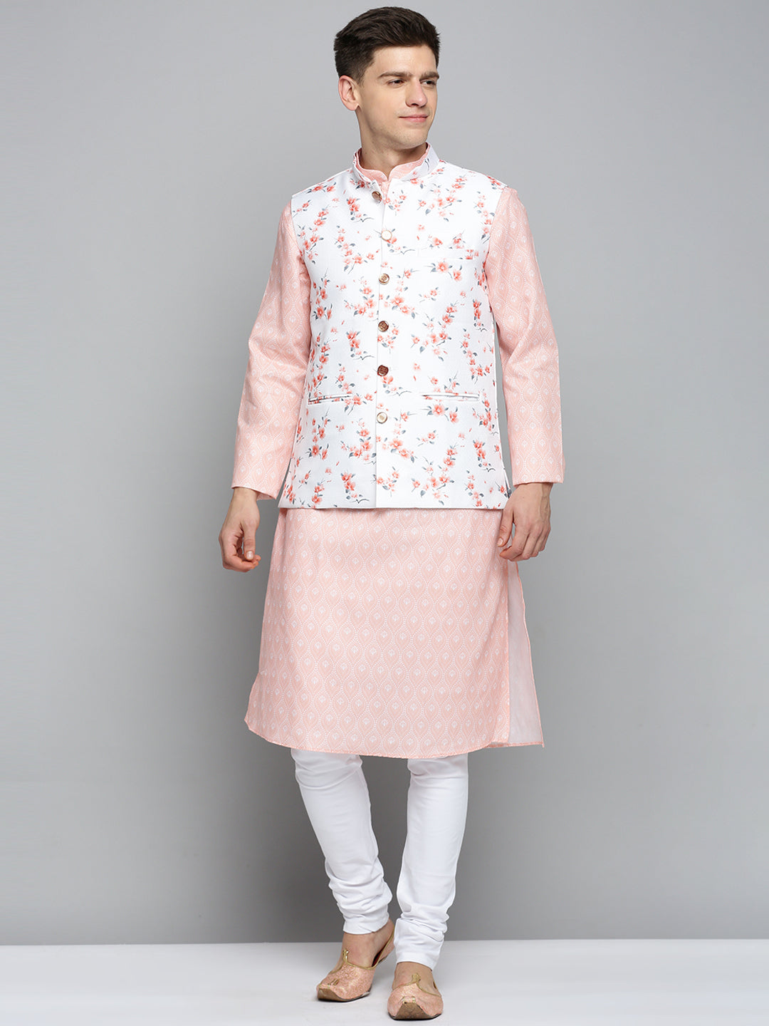 Men Mandarin Collar Printed White Nehru Jacket