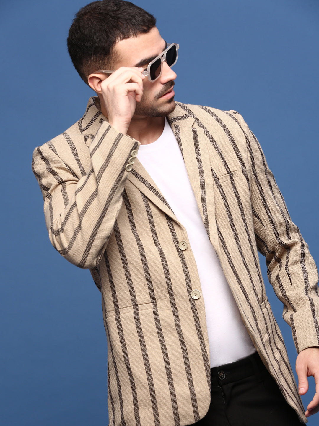 Men Beige Slim Fit Single Breasted Blazer