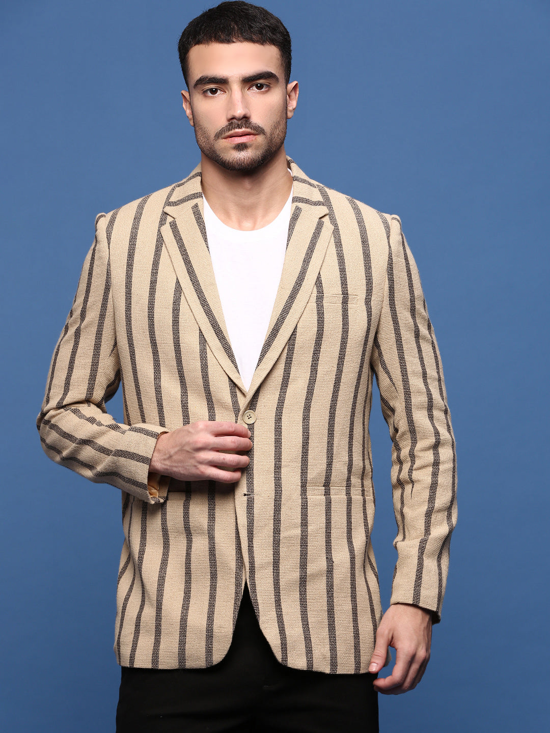 Men Beige Slim Fit Single Breasted Blazer