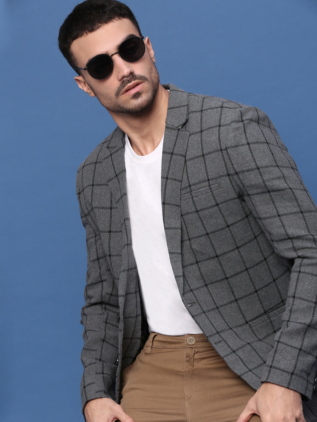 Men Grey Slim Fit Single Breasted Blazer