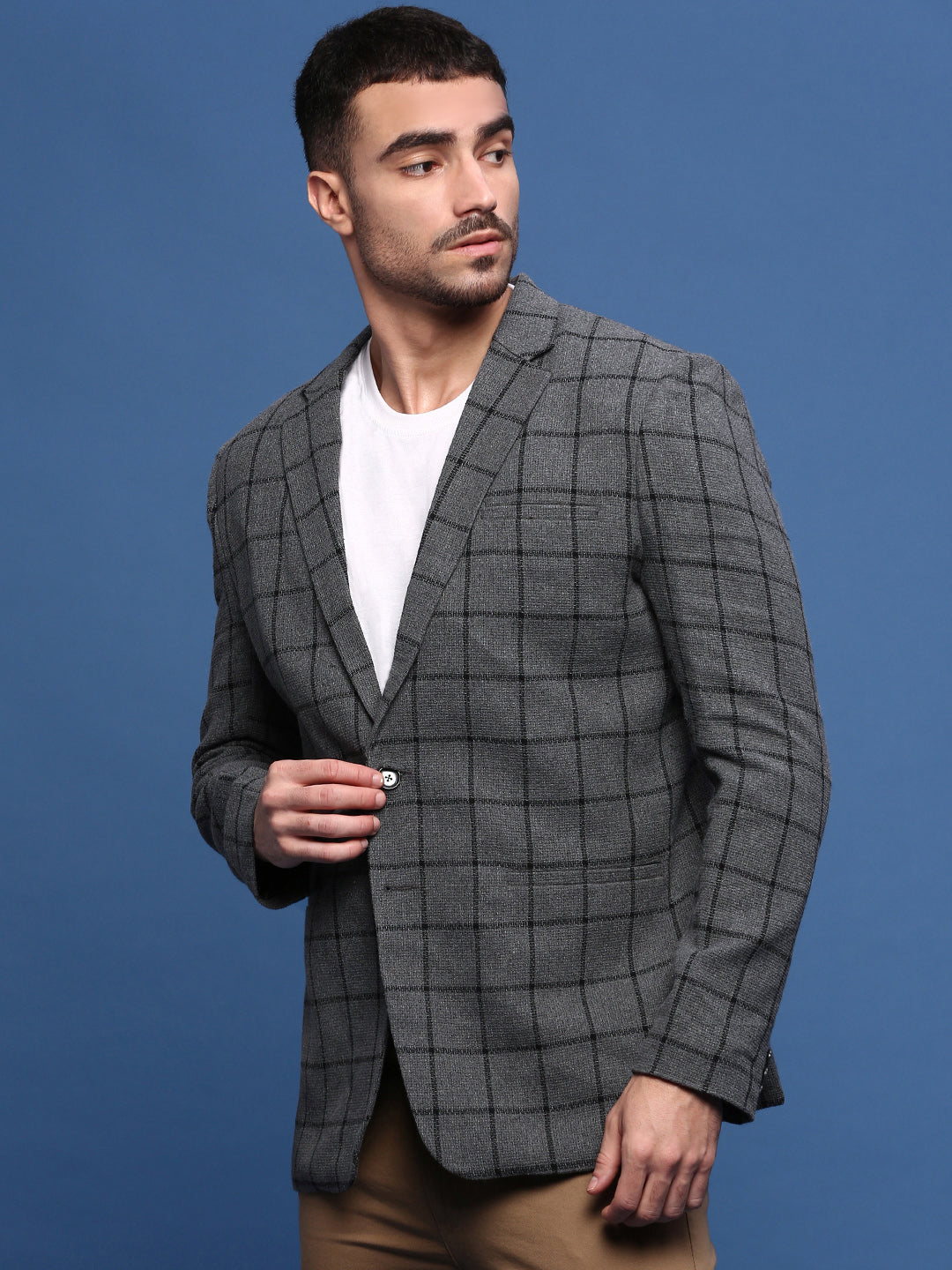 Men Grey Slim Fit Single Breasted Blazer