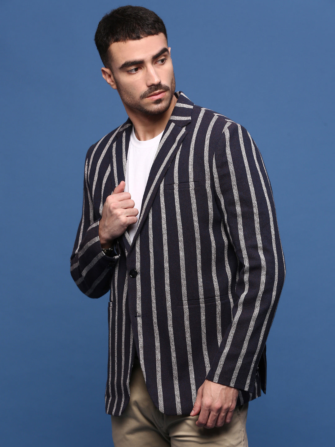 Men Navy Blue Slim Fit Single Breasted Blazer