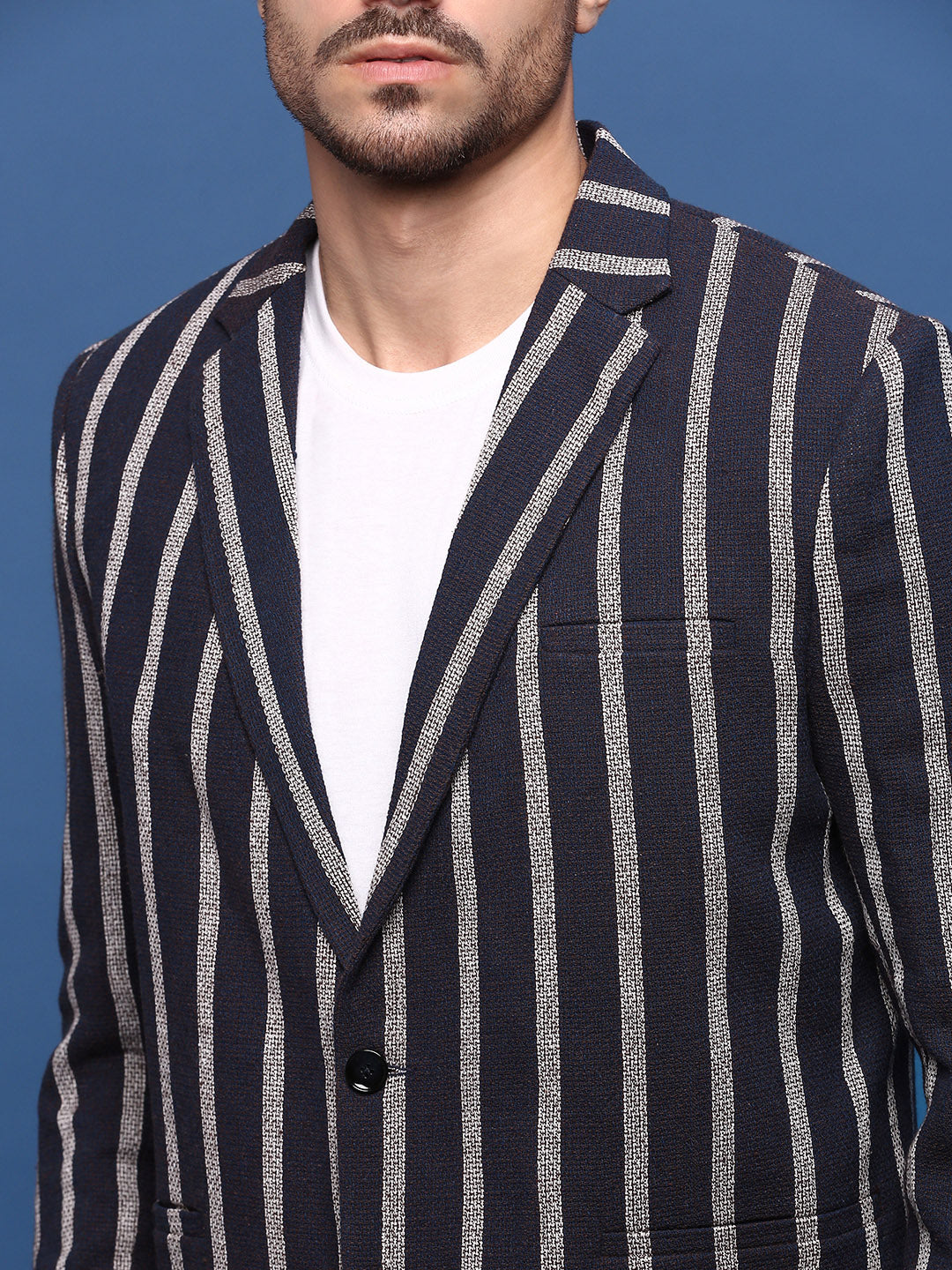 Men Navy Blue Slim Fit Single Breasted Blazer