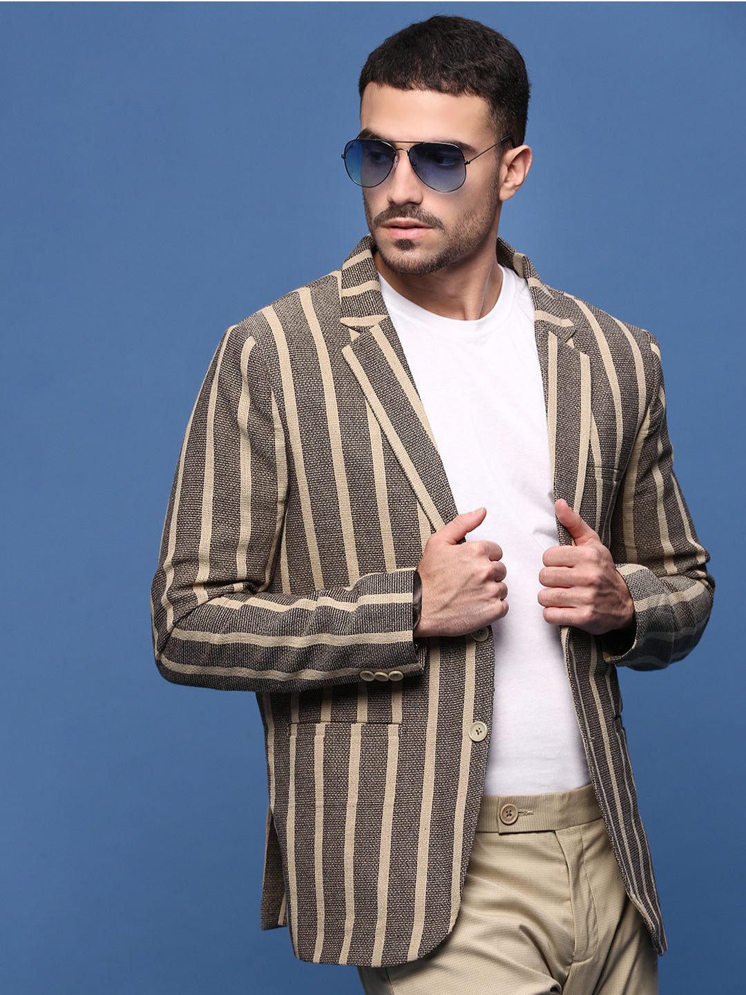 Men Beige Slim Fit Single Breasted Blazer