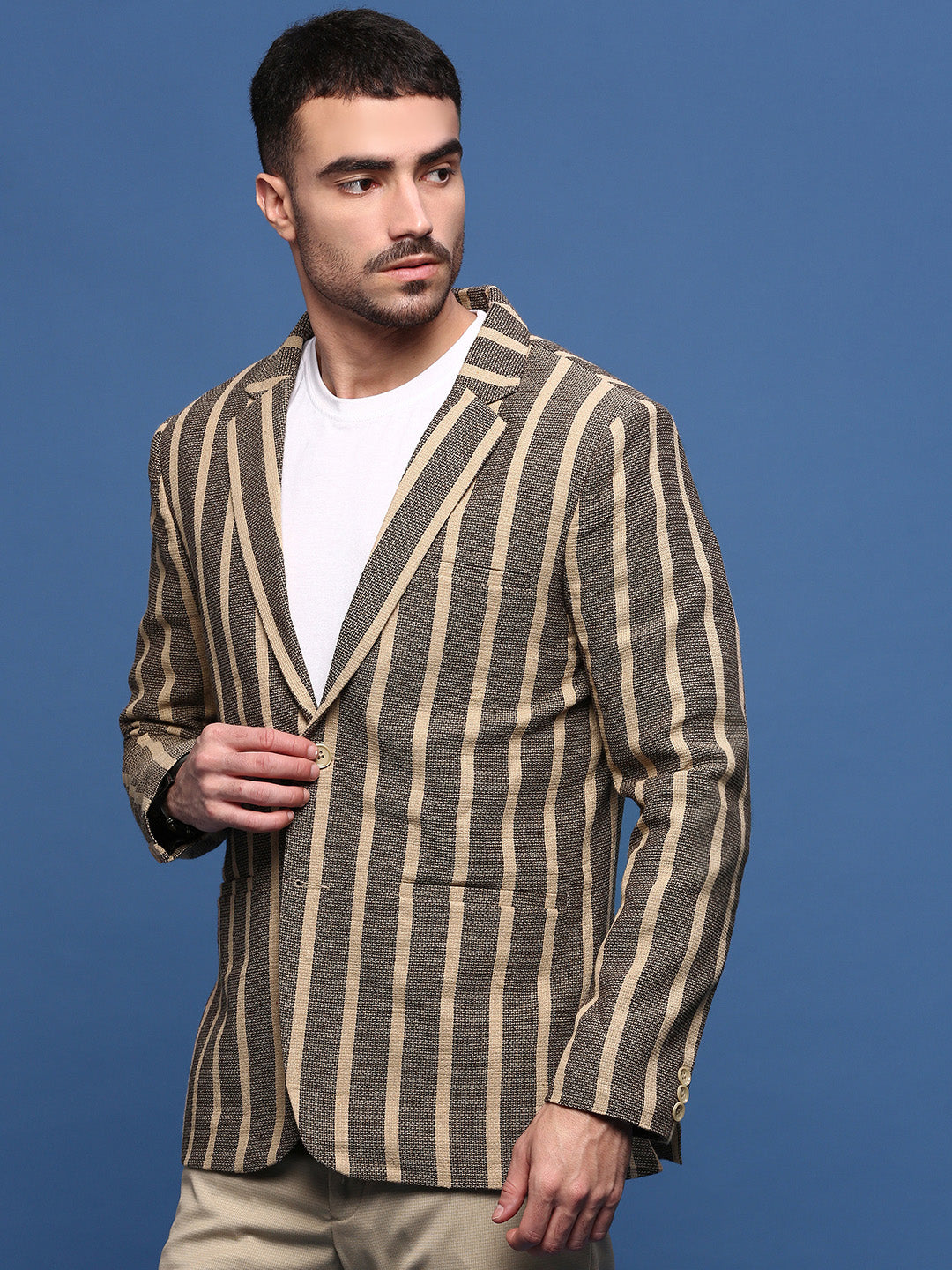 Men Beige Slim Fit Single Breasted Blazer