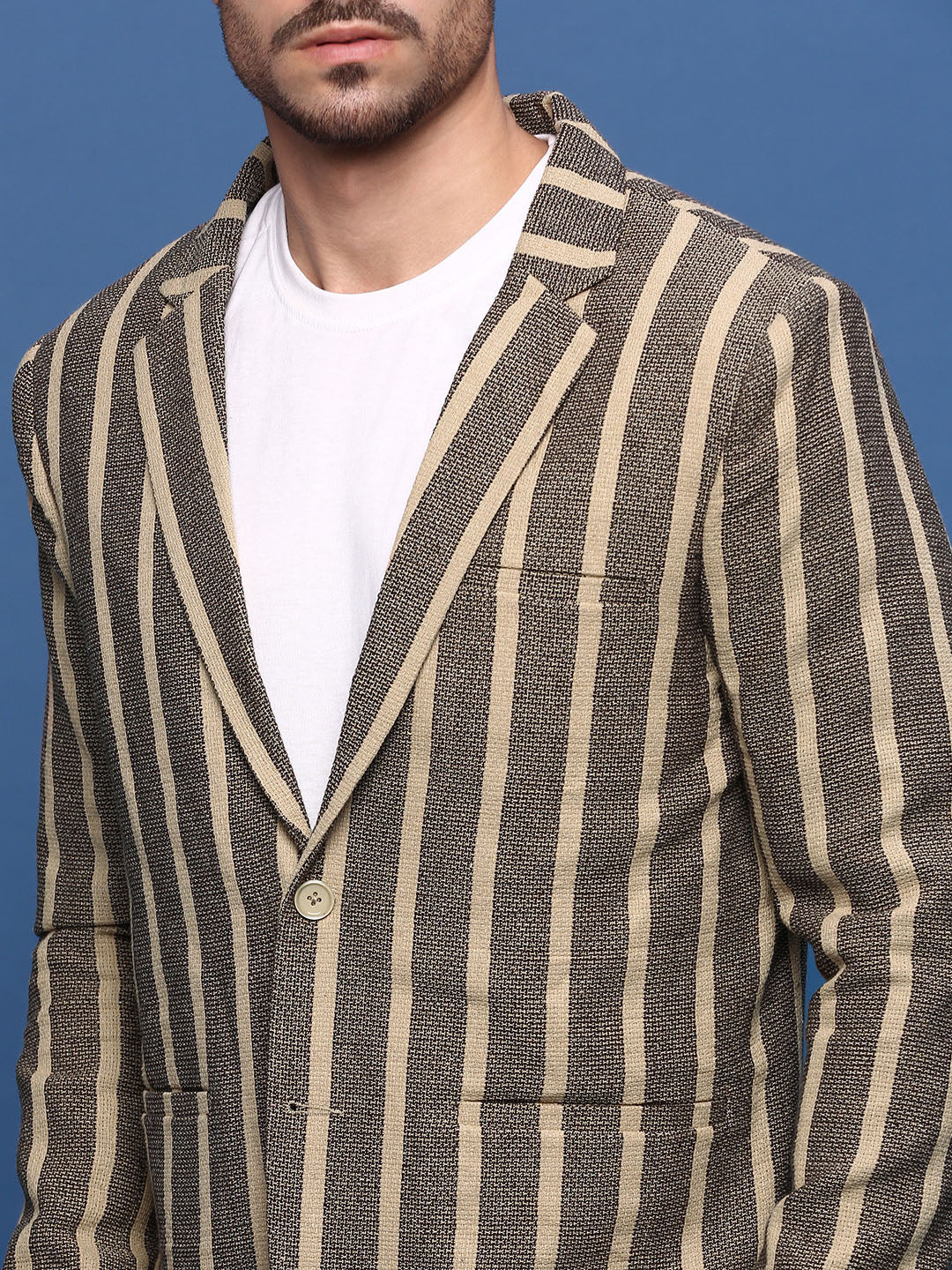 Men Beige Slim Fit Single Breasted Blazer