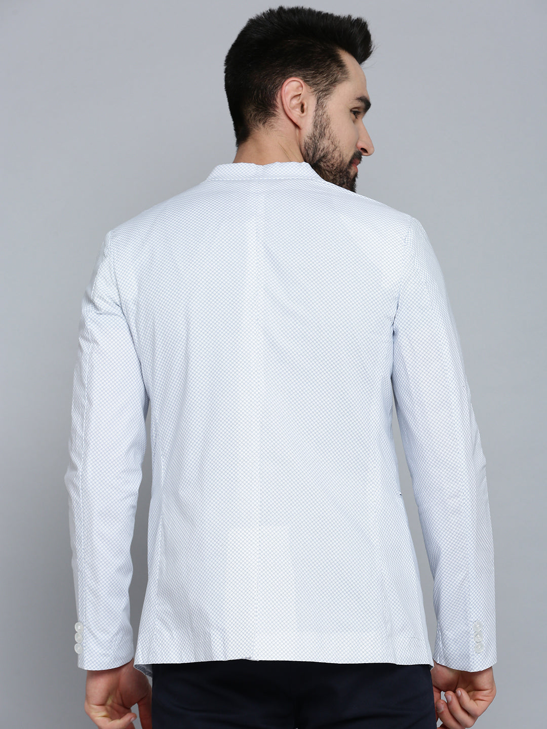 Men Mandarin Collar Printed White Blazer