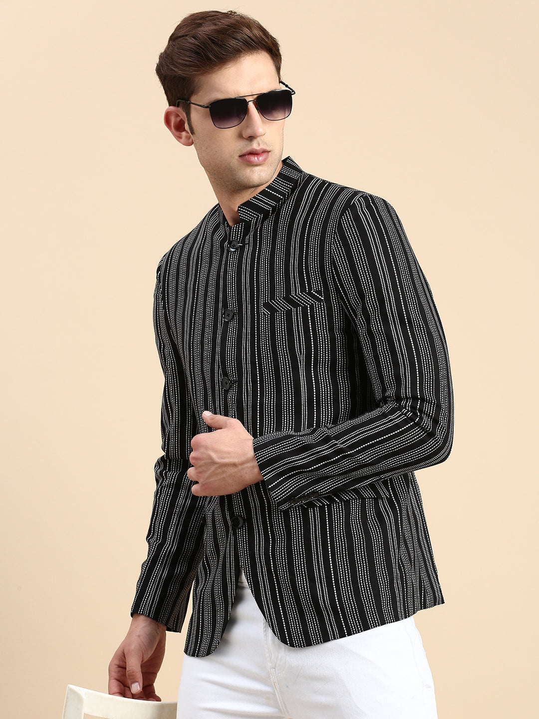 Men Mandarin Collar Striped Black Blazer