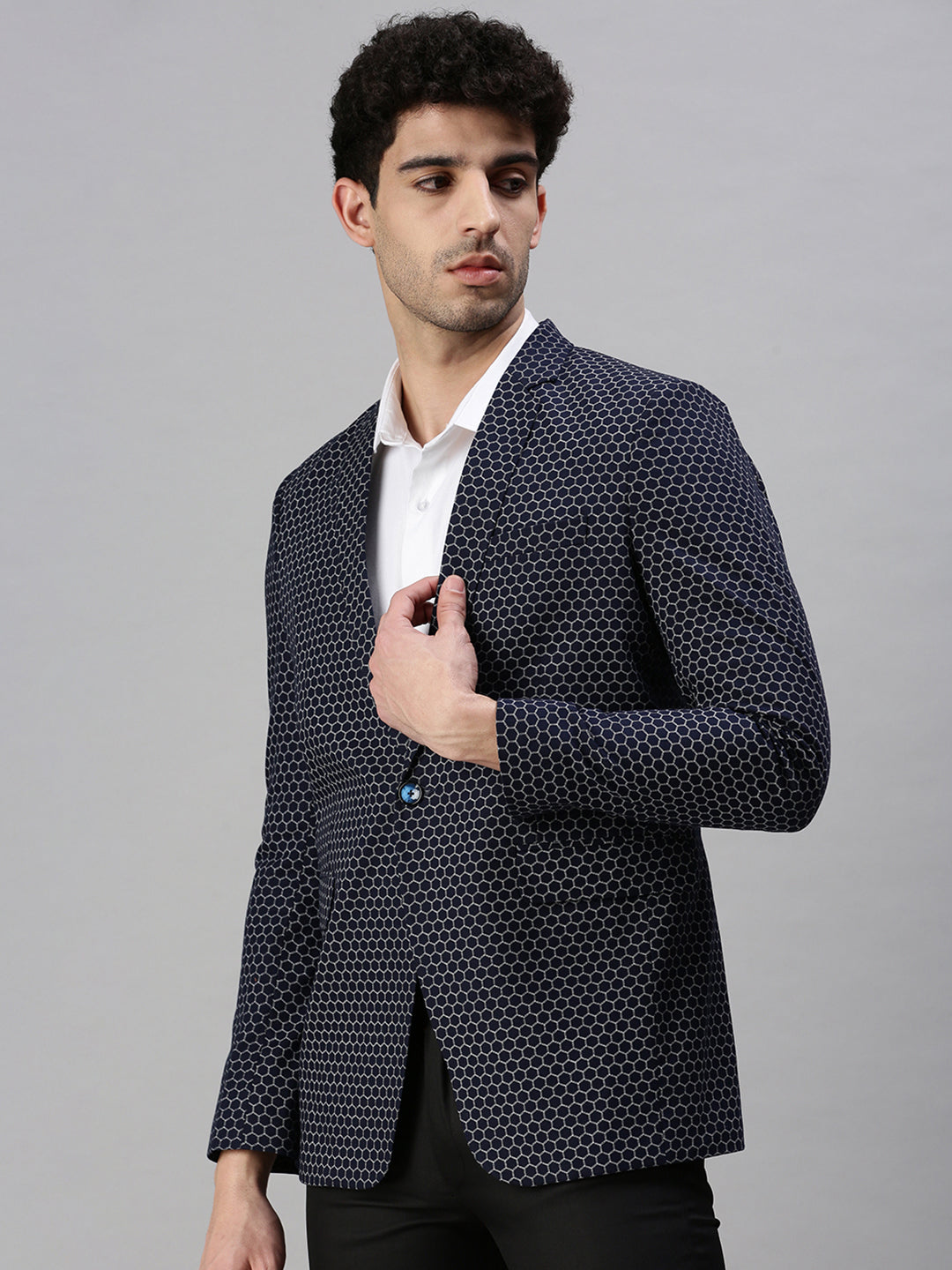 Men's Printed Navy Blue Single Breasted Blazer