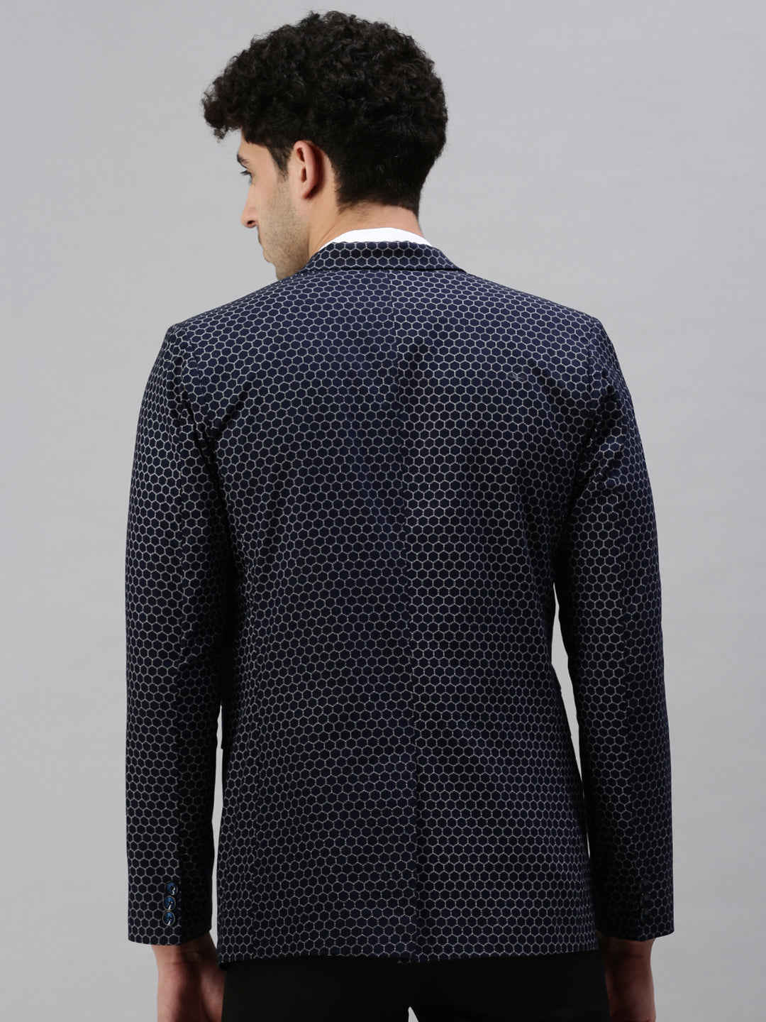 Men's Printed Navy Blue Single Breasted Blazer