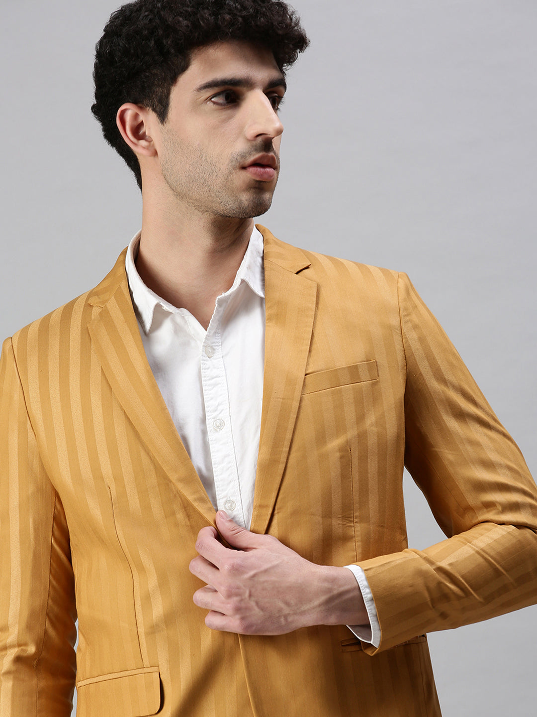 Men's Striped Mustard Single Breasted Blazer