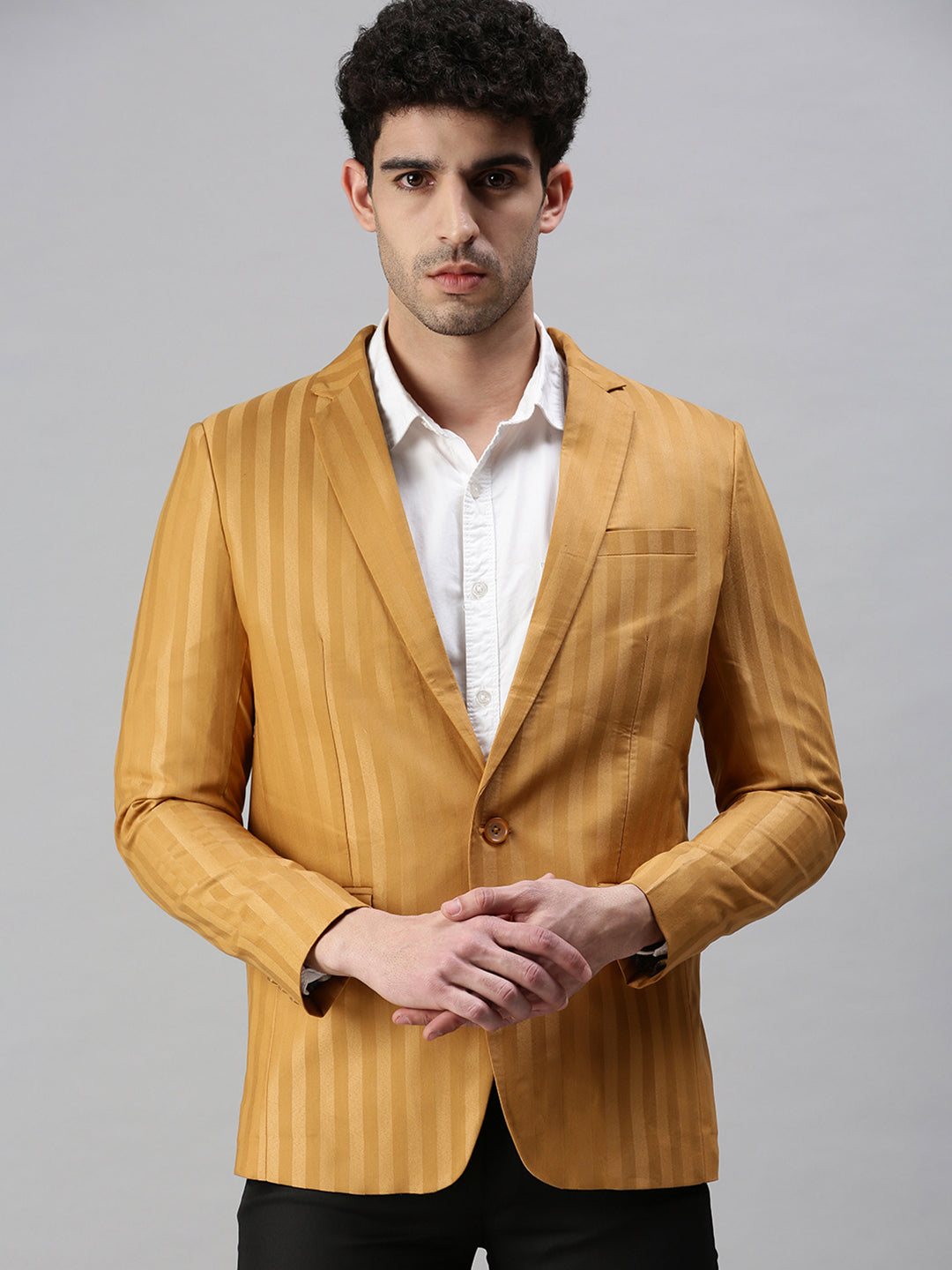 Men's Striped Mustard Single Breasted Blazer