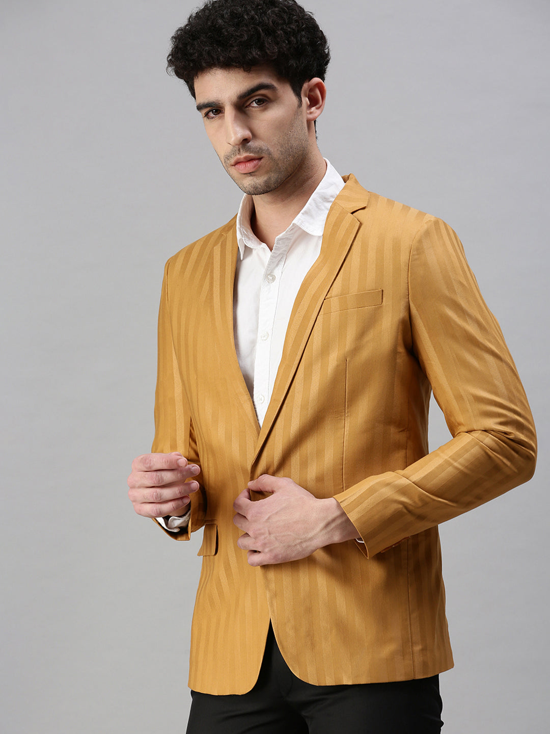 Men's Striped Mustard Single Breasted Blazer