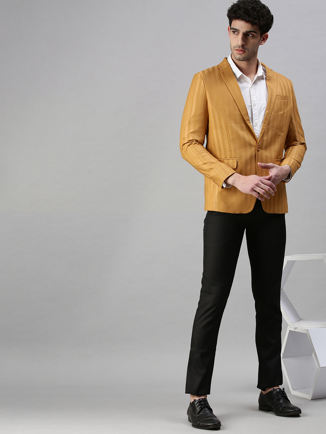 Men's Striped Mustard Single Breasted Blazer