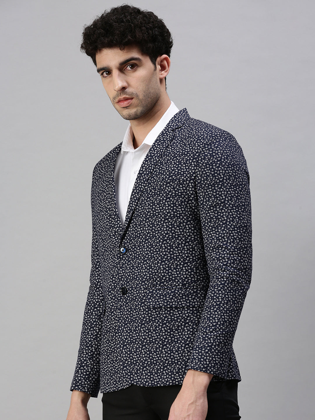 Men's Printed Navy Blue Single Breasted Blazer