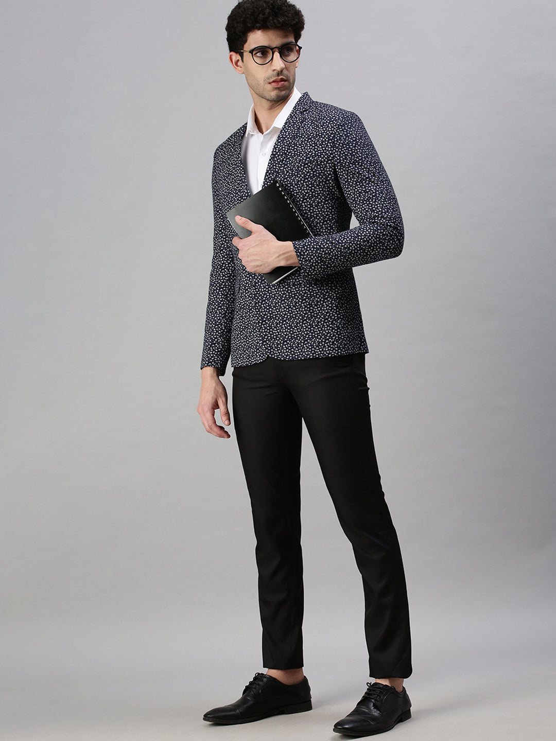 Men's Printed Navy Blue Single Breasted Blazer