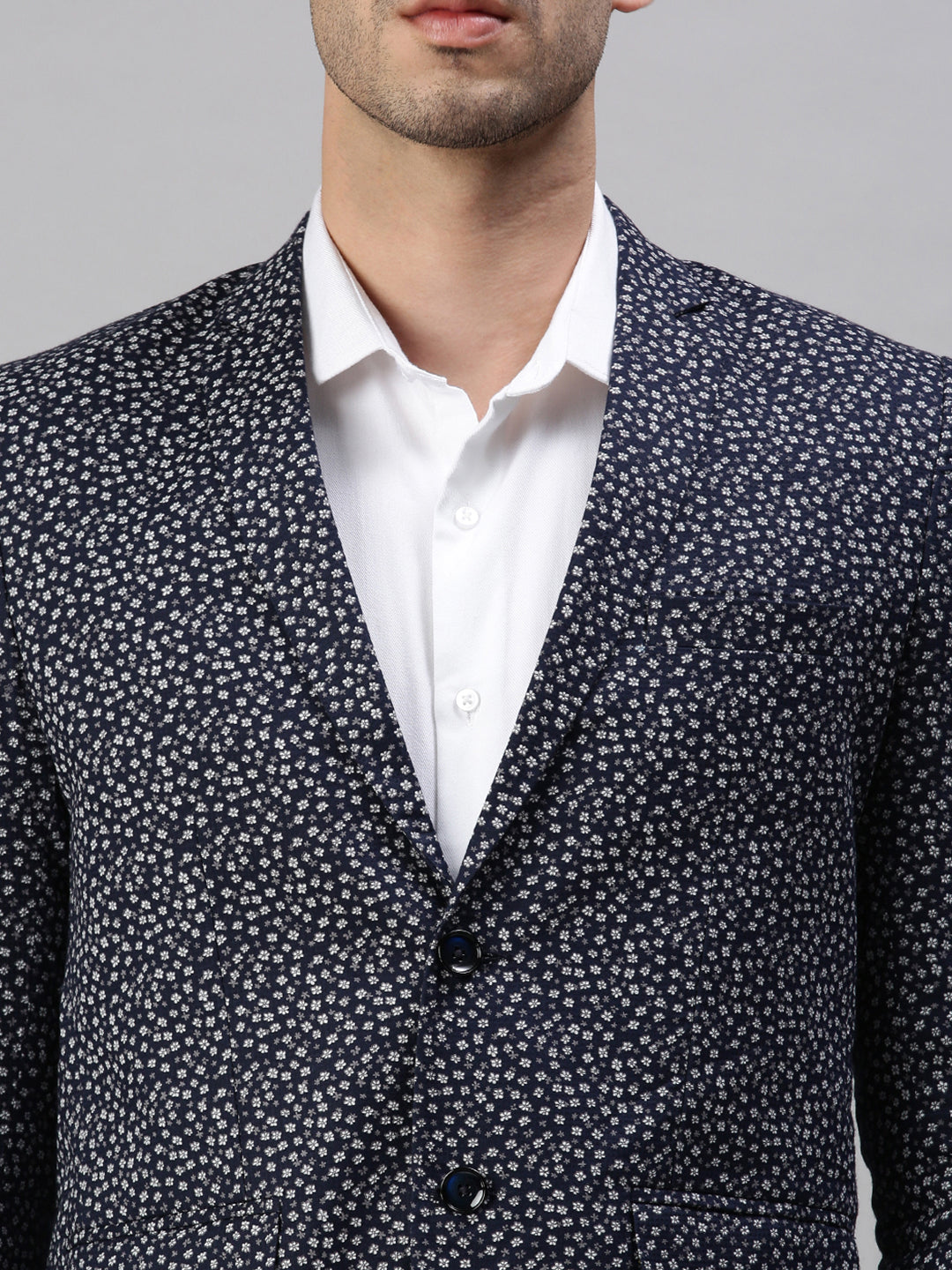 Men's Printed Navy Blue Single Breasted Blazer