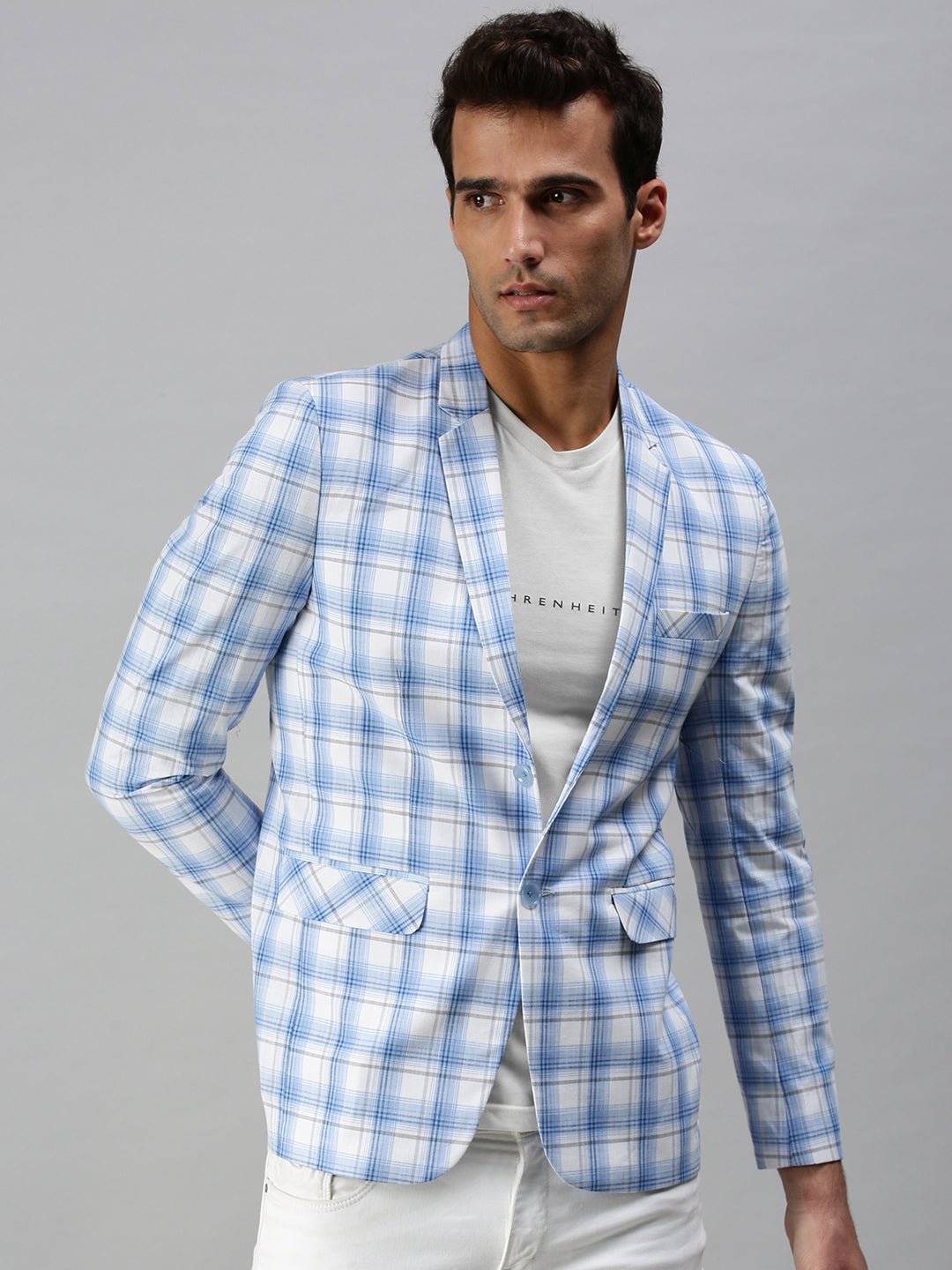 Men's Checked White Single Breasted Blazer