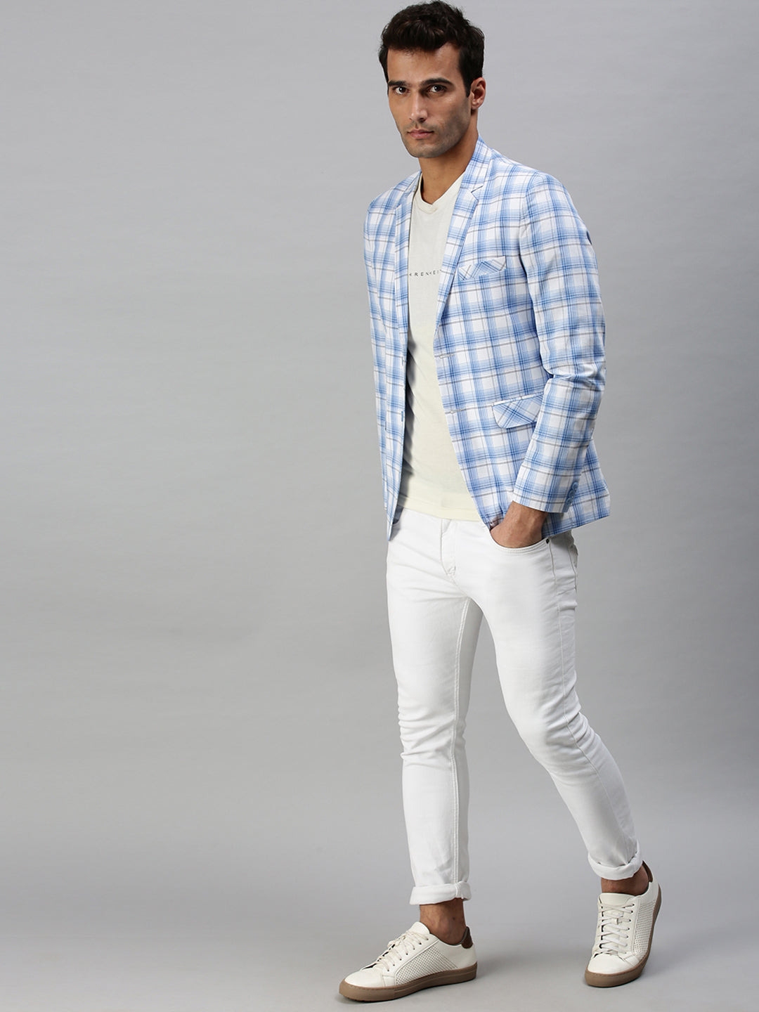 Men's Checked White Single Breasted Blazer