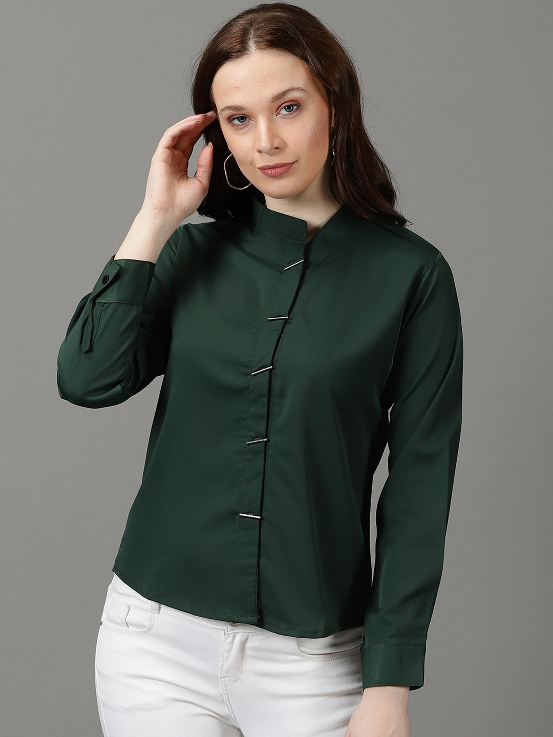 Women Mandarin Collar Solid Green Shirt Style Top