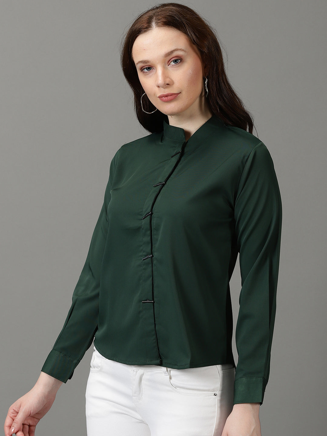 Women Mandarin Collar Solid Green Shirt Style Top