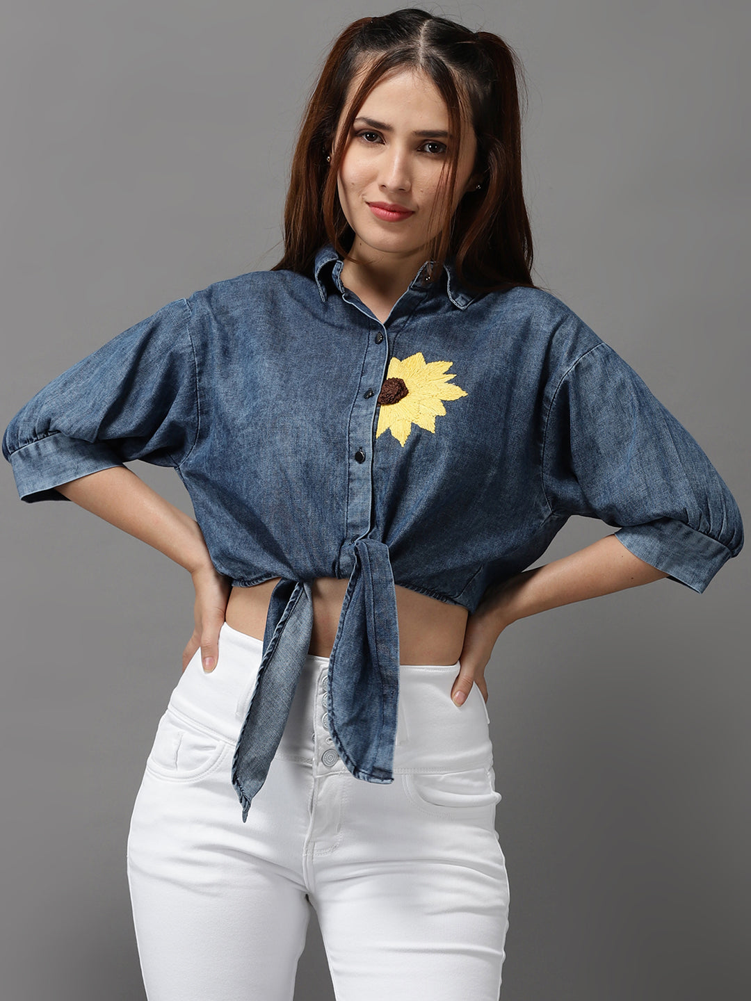 Women Shirt Collar Embroidered Blue Shirt Style Top