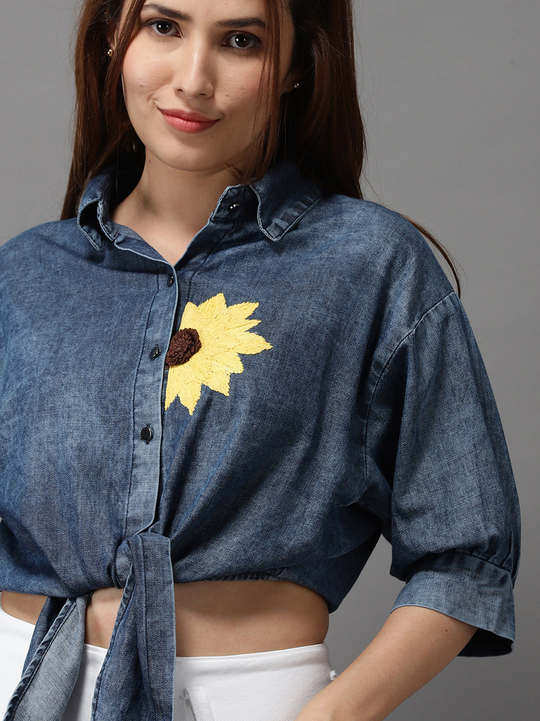 Women Shirt Collar Embroidered Blue Shirt Style Top