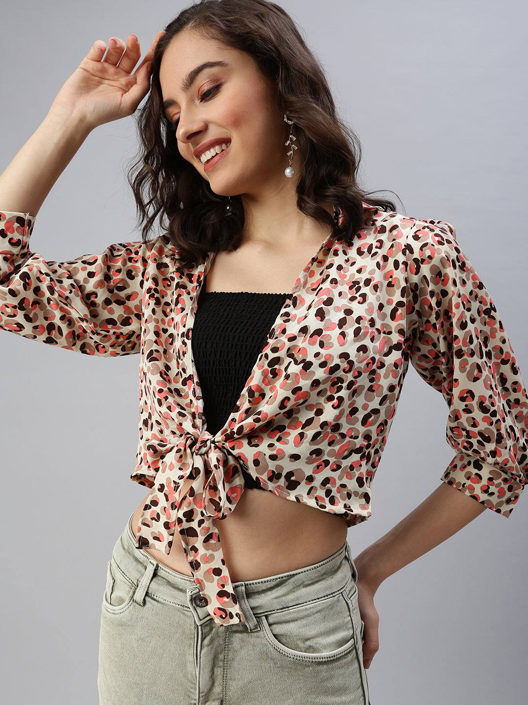 Women Shirt Collar Printed Beige Fitted Top